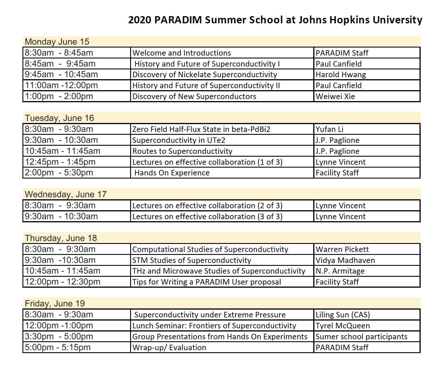 2020 Johns Hopkins Summer School PARADIM